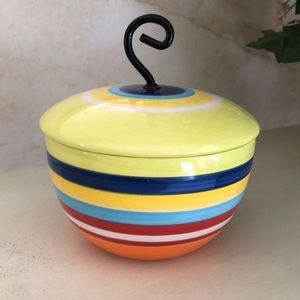 Colorful ceramic covered dish with mixed media handle